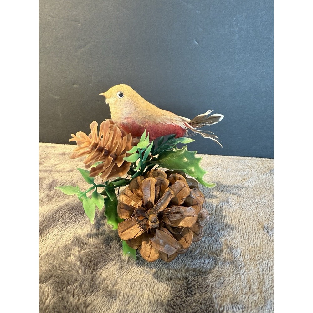 Vintage Christmas Bird Pinecone And Holly Ornament Pick  Rustic‎ Cottage Holiday